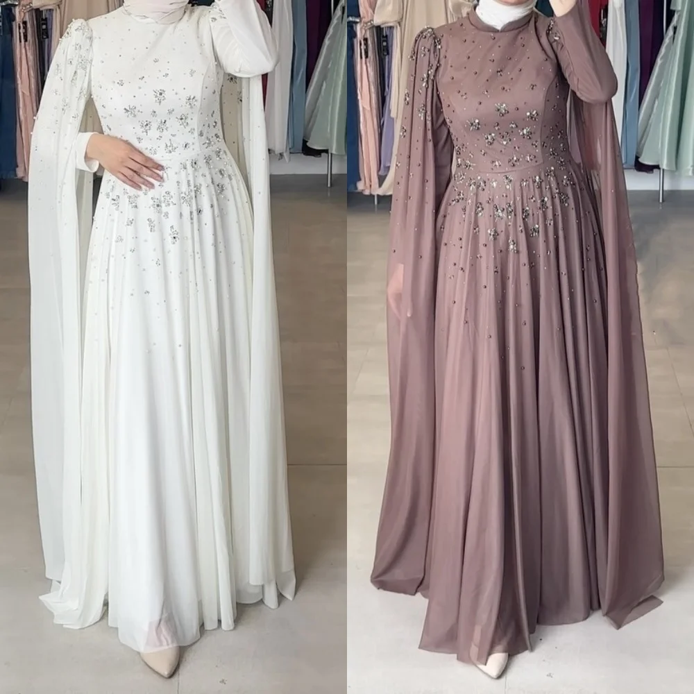 

Customized Chiffon Beading Rhinestone High Collar Long Dresses Bespoke Occasion Classic Women's Luxury Evening Party Glitter