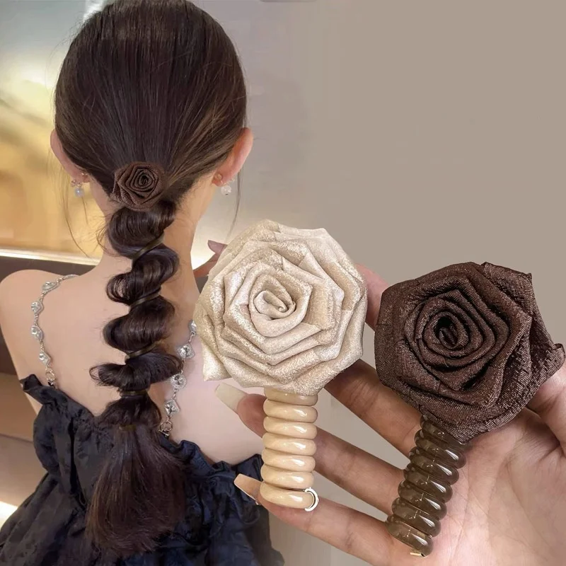 Rose Flower Hair String, Telephone Line, Hair Loop, High-End Japanese Style, Bubble Braided Hair Headband, Thick Rubber Band