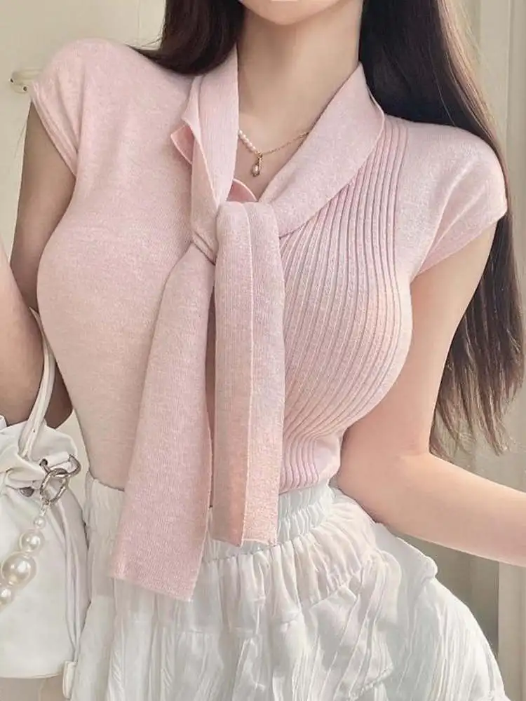 ฤดูร้อน Pure Desire V-ne Belted Slim Fit ort Sve ถักผู้หญิง Faionable อเนกประสงค์เกาหลี Sle เดินทางลม