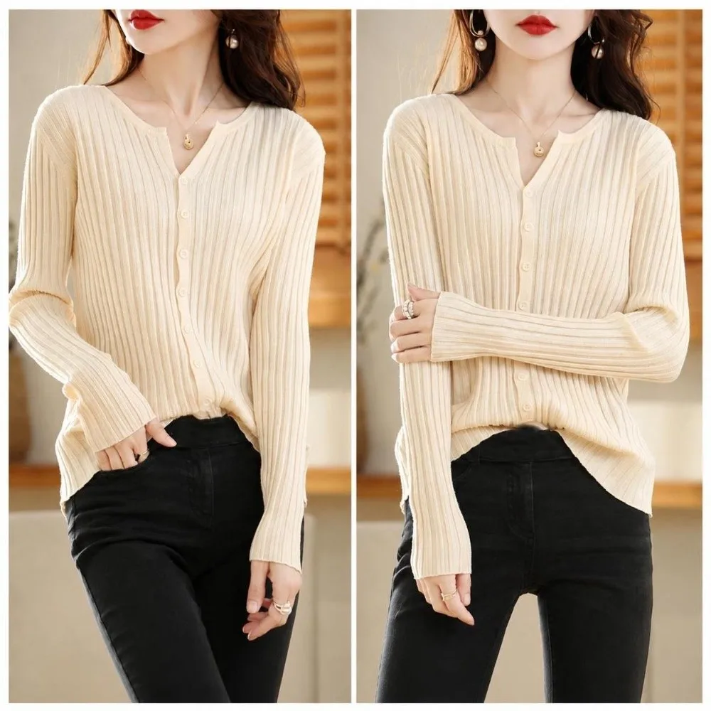 Chic Solid Color Knit Cardigan Slim-Fit Design V-Neck Women Cardigan Long-Sleeved Women's Coat