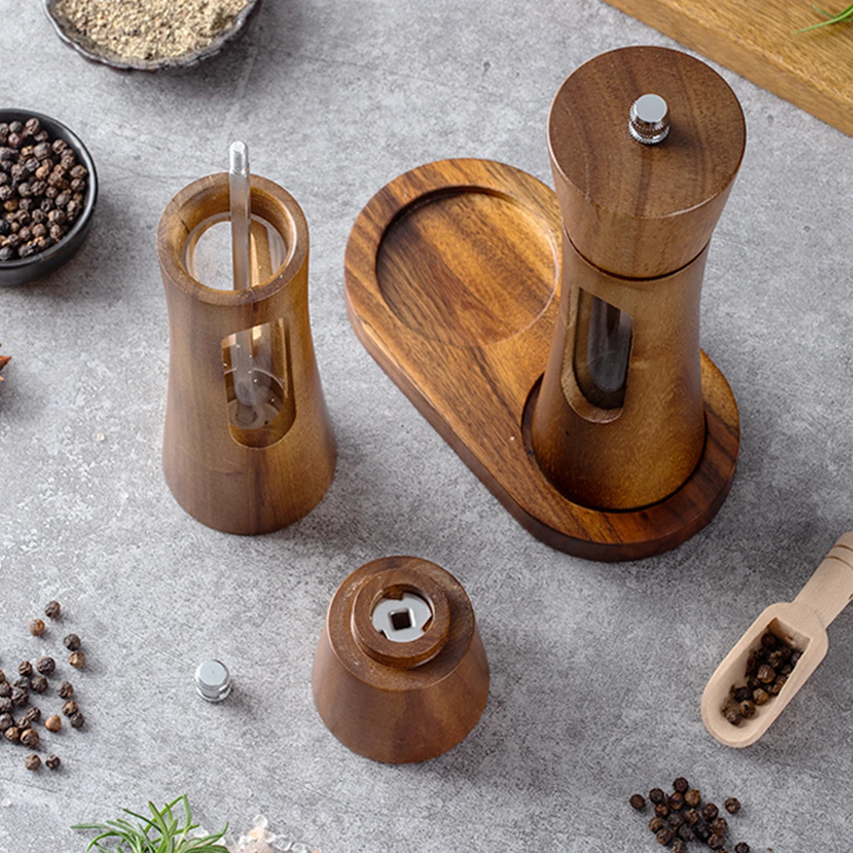 1PC-Household Pepper Mill, Sea Salt and Sichuan Pepper Grinder, Pagoda-Style Wooden Kitchen Pepper Mill, Manual Grinder