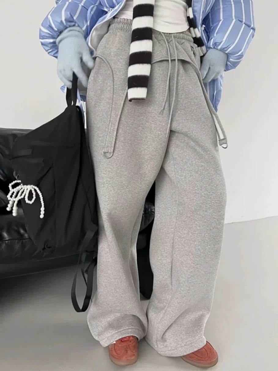 Retro Design Metal Bule Casual Pants Long Trousers Pure Color Women's Autumn Winter New Sle Asymmetric Sweatpants