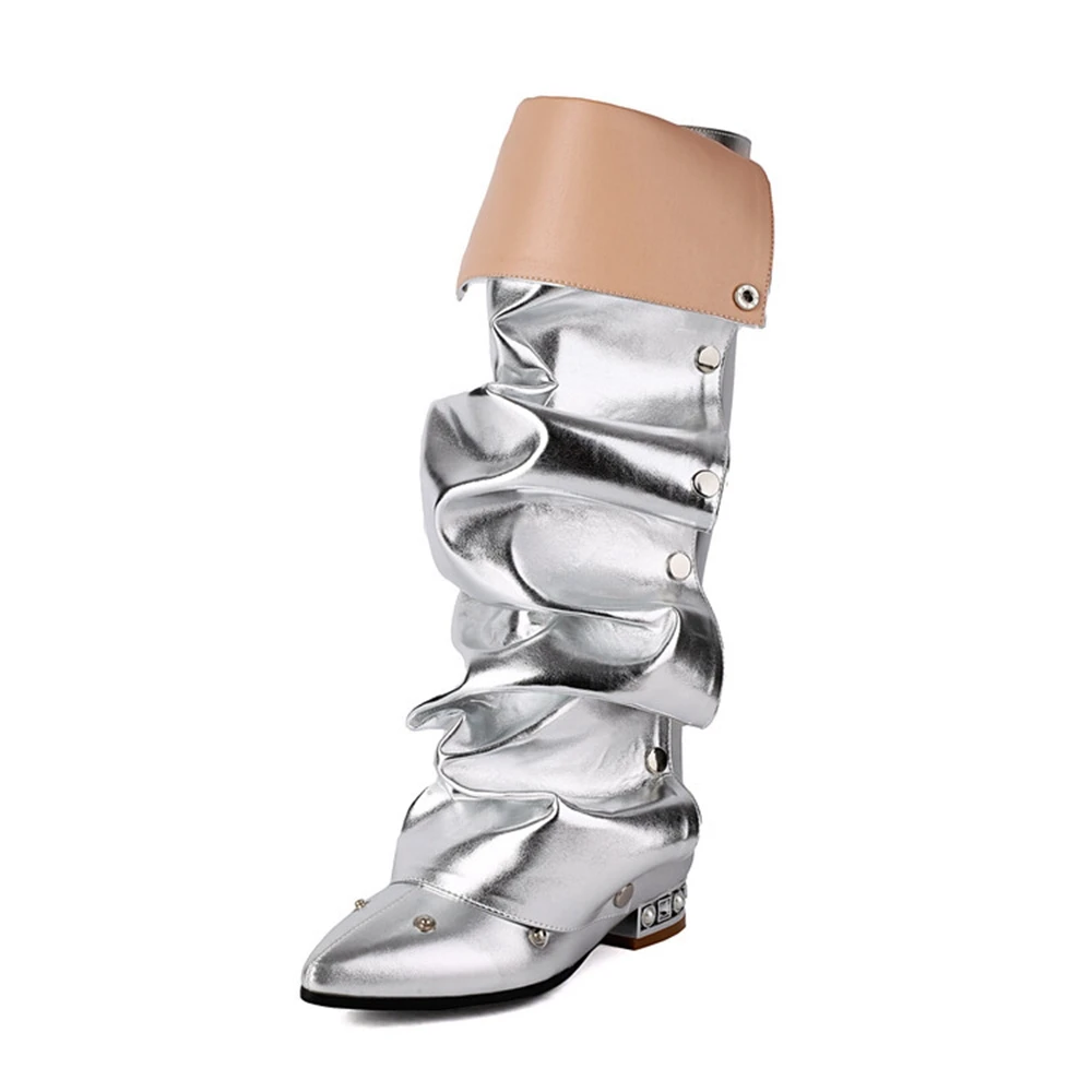 Knee-High Boots Women Sexy Fashion Pleated Pointed Crystal Bling Street Runway Show Back Zipper Long Boots Plus Size 47 48 19-26