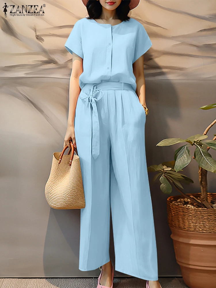 

ZANZEA Tie-Waist Wide Leg Pants Holiday 2PCS Outfits Woman Solid Commute O-Neck Short Sleeve Tops 2 Piece Sets Casual Pant Sets