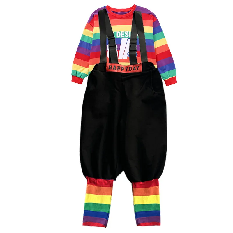 Kid Cute Hip Hop Clothing Rainbow T Shirt Black Casual Jogger Bib Pants Overalls for Girl Boy Jazz Dance Perform Costume Clothes