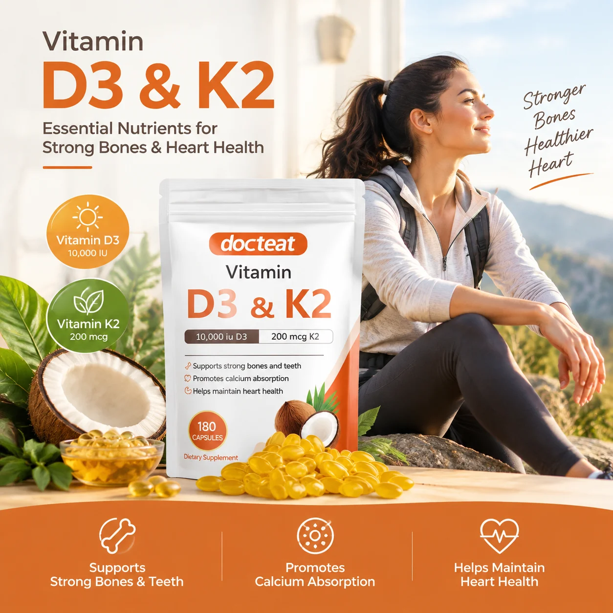Vitamin D3 K2 Softgels 10000 IU 200 mcg MK7 Coconut Oil Strong Bones Teeth Calcium Absorption Heart Health Support 180 Softgels