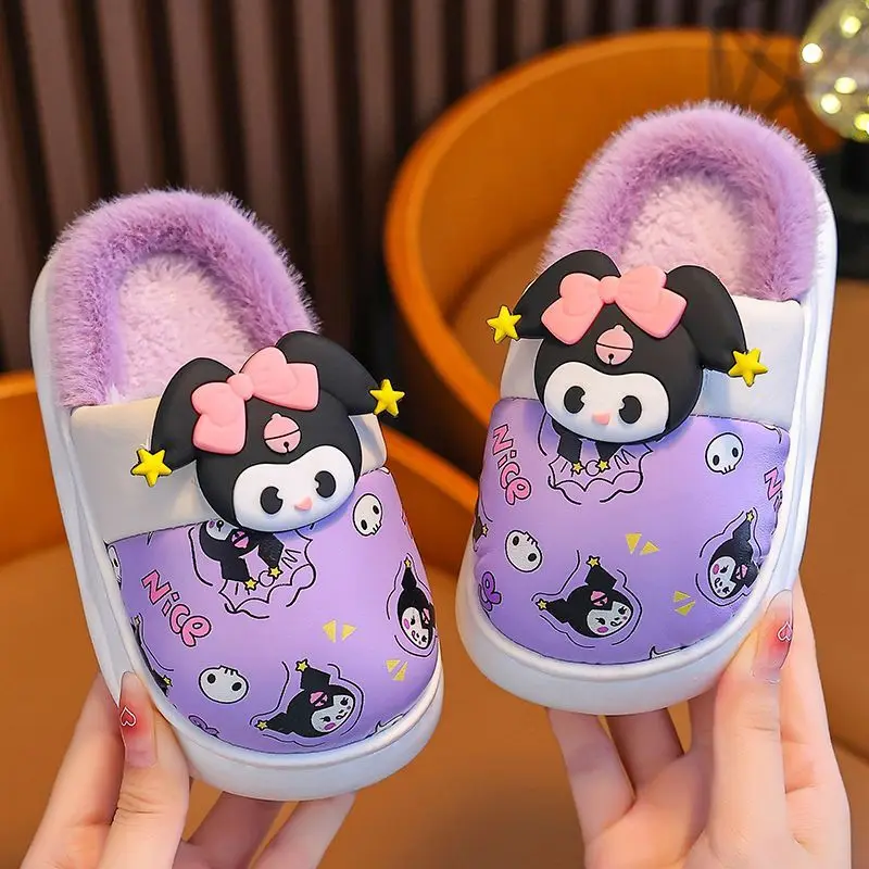 

Kuromi Anime Kawaii Ins Fashion MINISO Children Cotton Slippers Winter Cute My Melody Warm Leather Waterproof Shoes Gifts Toys