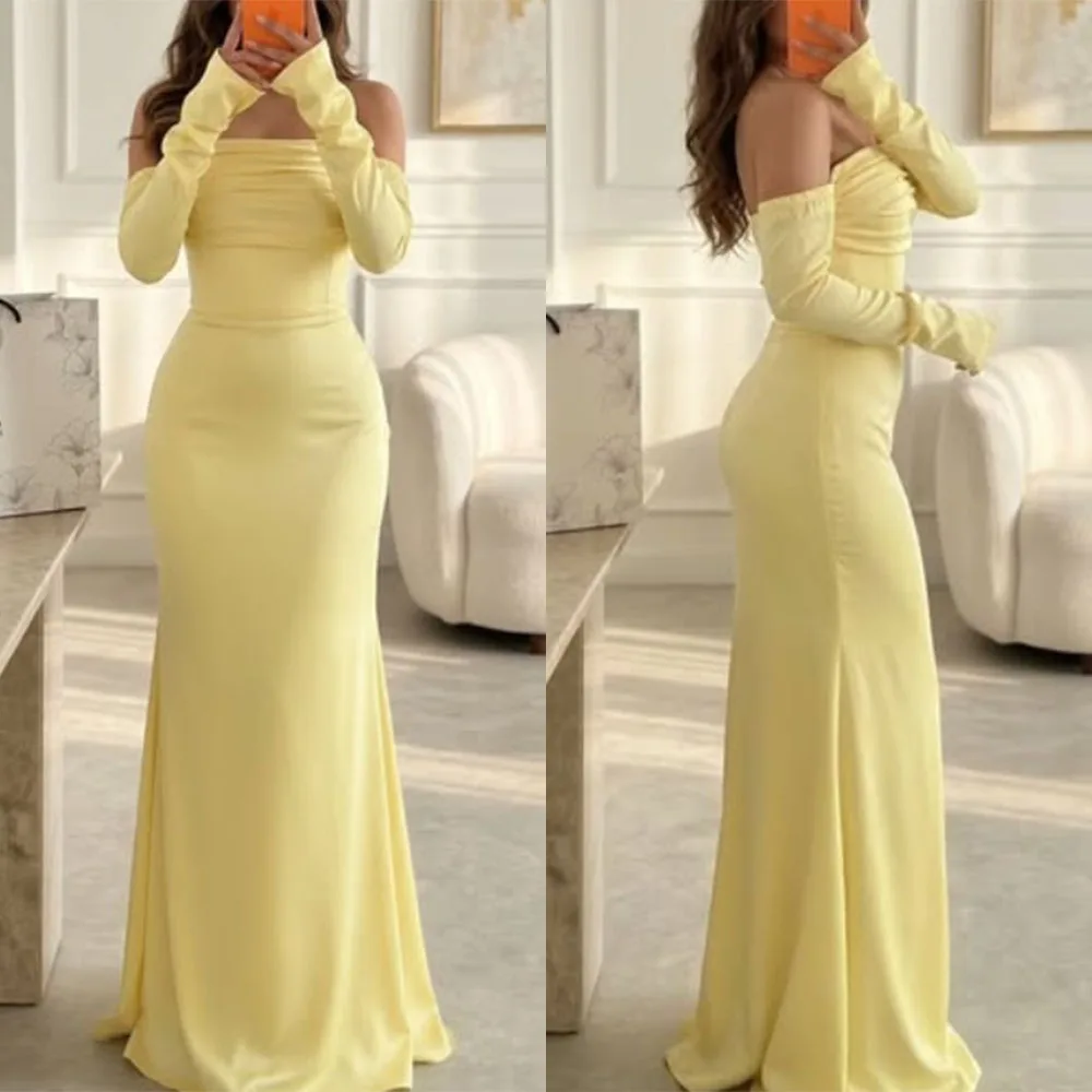 

Customized Yellow Strapless Floor Length A-line Robe Soirée En Promo Amanda Novias Vestidos Feminino Elegante Para Casamento