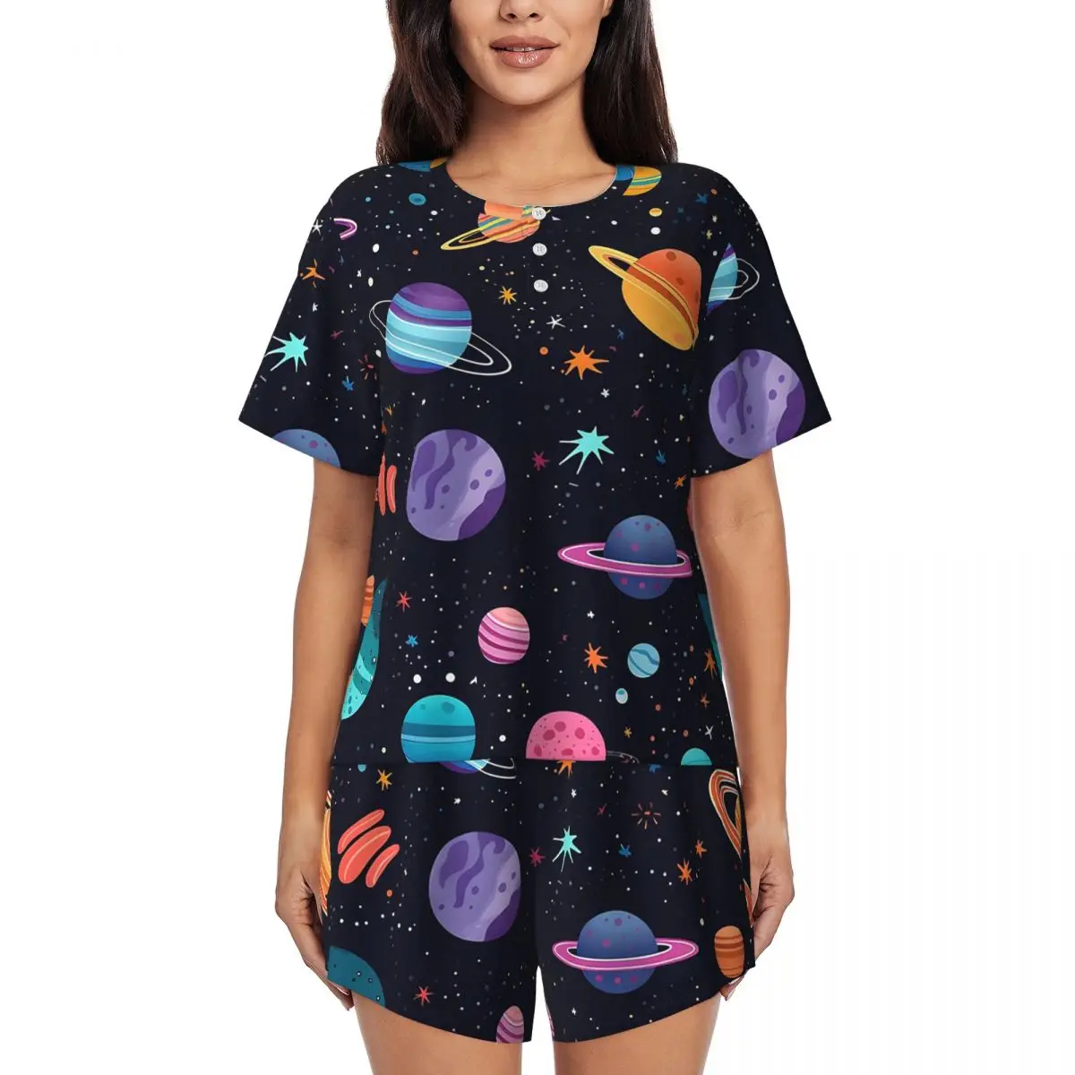 Camisones de manga corta con cuello redondo y estampado de planetas del sistema solar, universo, para dormir, conjunto de pijama holgado para mujer, pantalones cortos