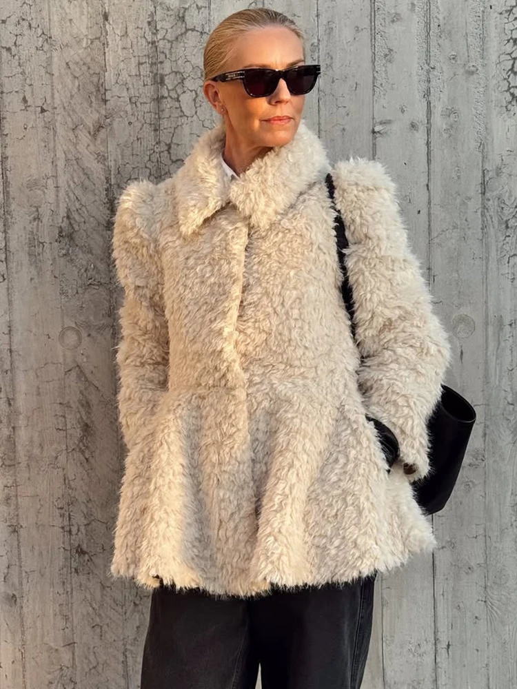 

Trendix Warm Elegant Faux Fur Jacket Women Winter Street Casual Long Sleeve Outerwear Lapel Patchwork Ruffle Sweater Jackets