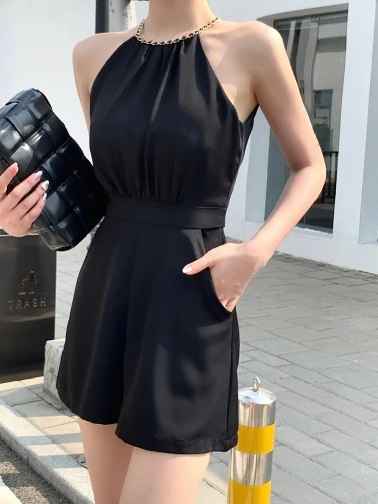 

New Fashion Elegant Women Jumpsuits Black Sexy Halter Sleeveless Party Club Beach Femme Mujer Shorts High Waist Playsuits Summer