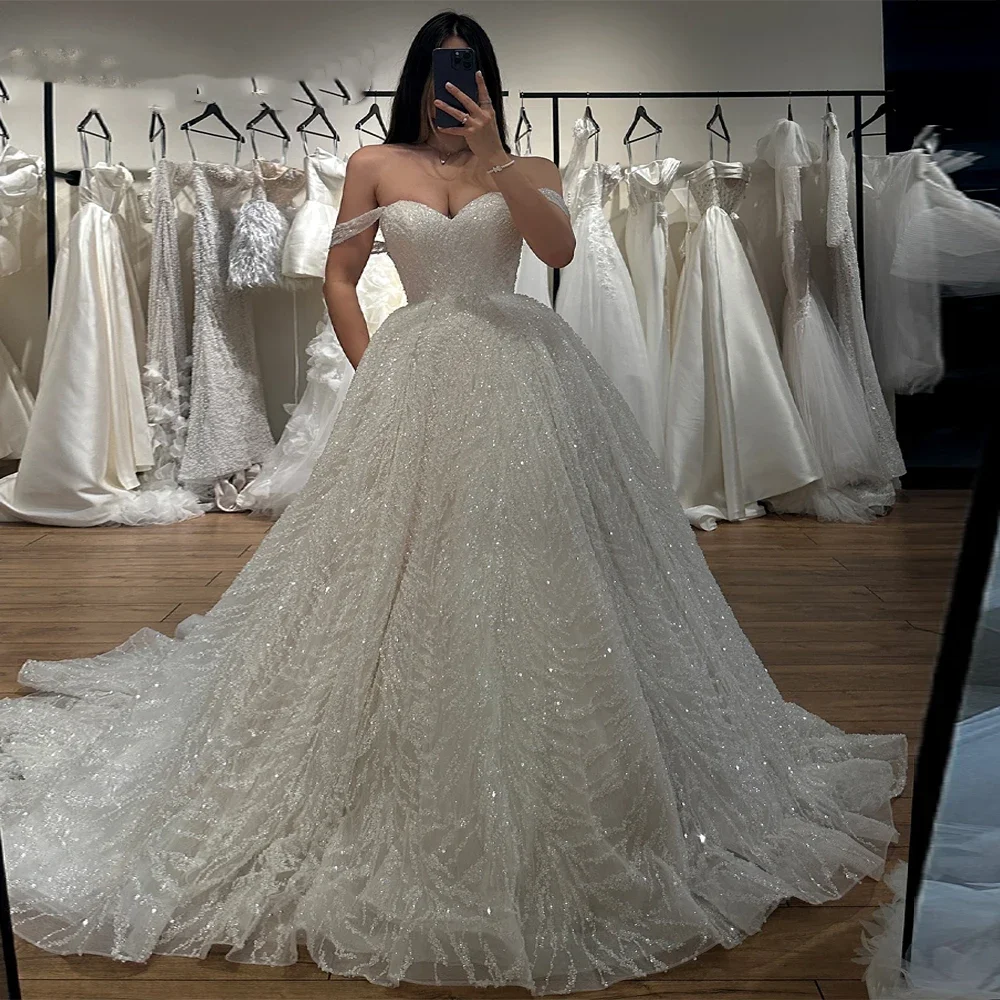 

Customized Glitter Wedding Dresses for Women Off the Shoulder Sequined Appliques Lace up Ball Gown Vestidos De Novia Boda