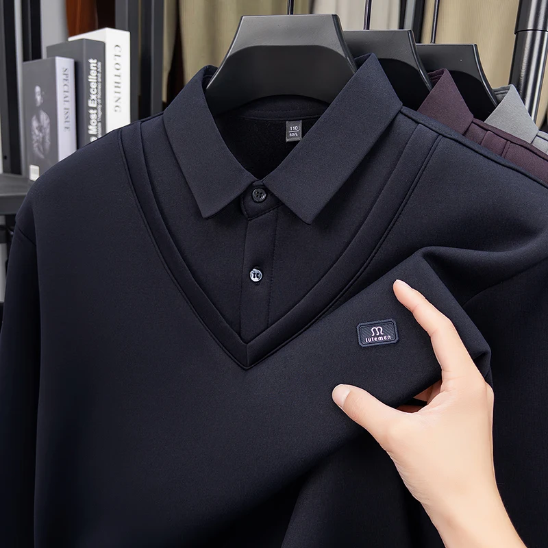 

Autumn and Winter Plus Velvet Thick Fake Two-piece Lapel T-shirt for Men's Warm Inner Base Shirt Top