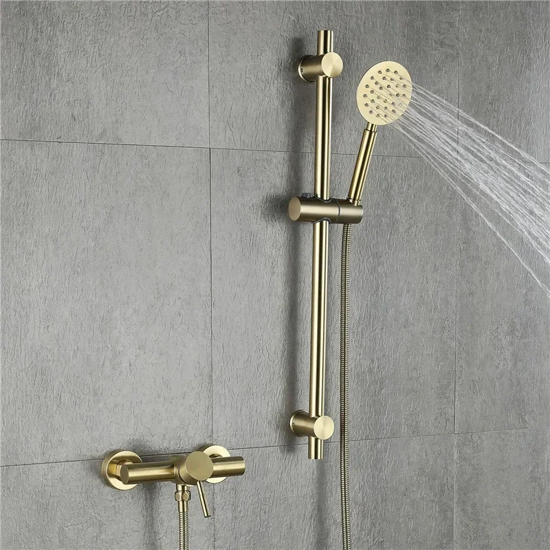 

Brushed Gold Bathroom Shower Faucet Set Wall Mounted , Cold and Hot Bath and Mixer Taps Brass