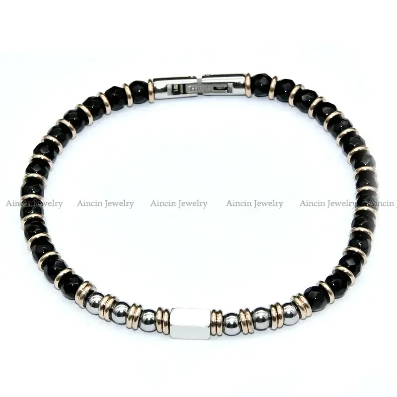 High Quality Black Faceted Agate Round Beads Stainless Steel Bracelet For Fashion Men\'s Jewelry