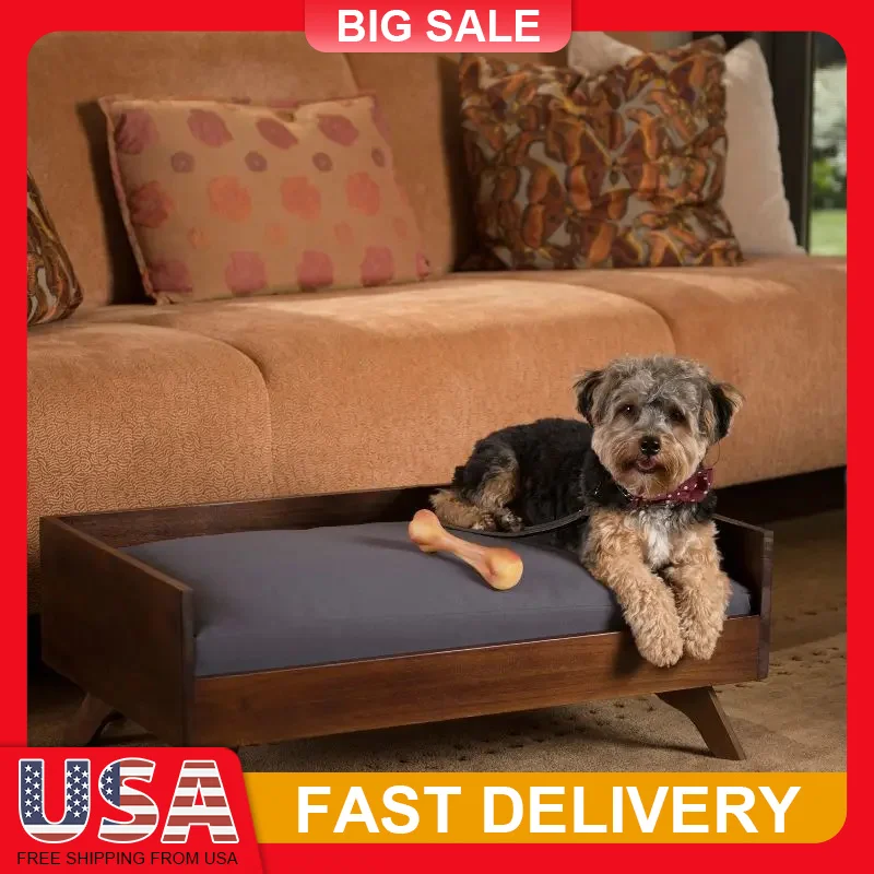 

Solid Wood Dog Bed Acacia Wood Mid Century Style Water Resistant Cushion Hand Crafted 29.5x17.75x11 in Comfortable Soft Durable