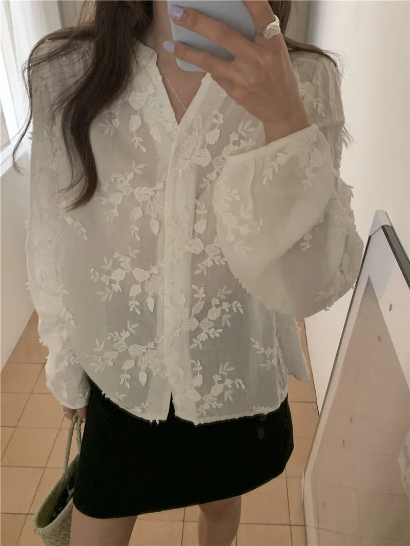 Blusa holgada de chifón para mujer, camisa elegante de manga larga, color blanco, Estilo Vintage, para verano y primavera