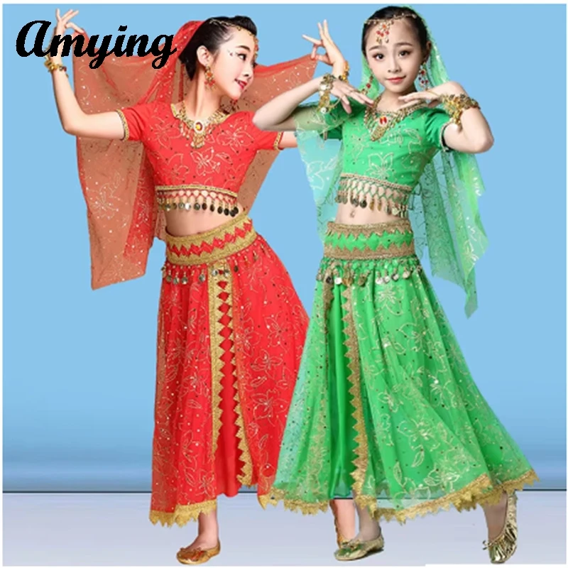 

Children's Belly Dance Performance Costume Set Girl's Indian Sari Clothing Kid Stage Competition Dance Practice Wear Suit New