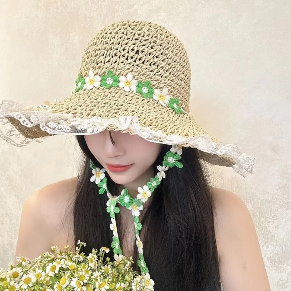 

Fashion Breathable Flower Straw Hat Lace Trim Wide Brim Beach Hat Flower Band Hollow Women's Fisherman Hat Sun Protection