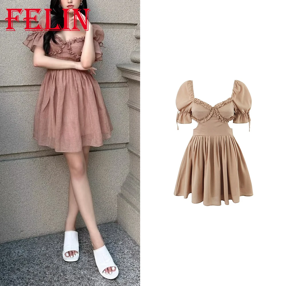 

TRAF 2023 Spring Vintage Women Solid Dress Short Puff Sleeve Ruffles Dress Corset Square Collar Dress Fashion Mujer Vestidos