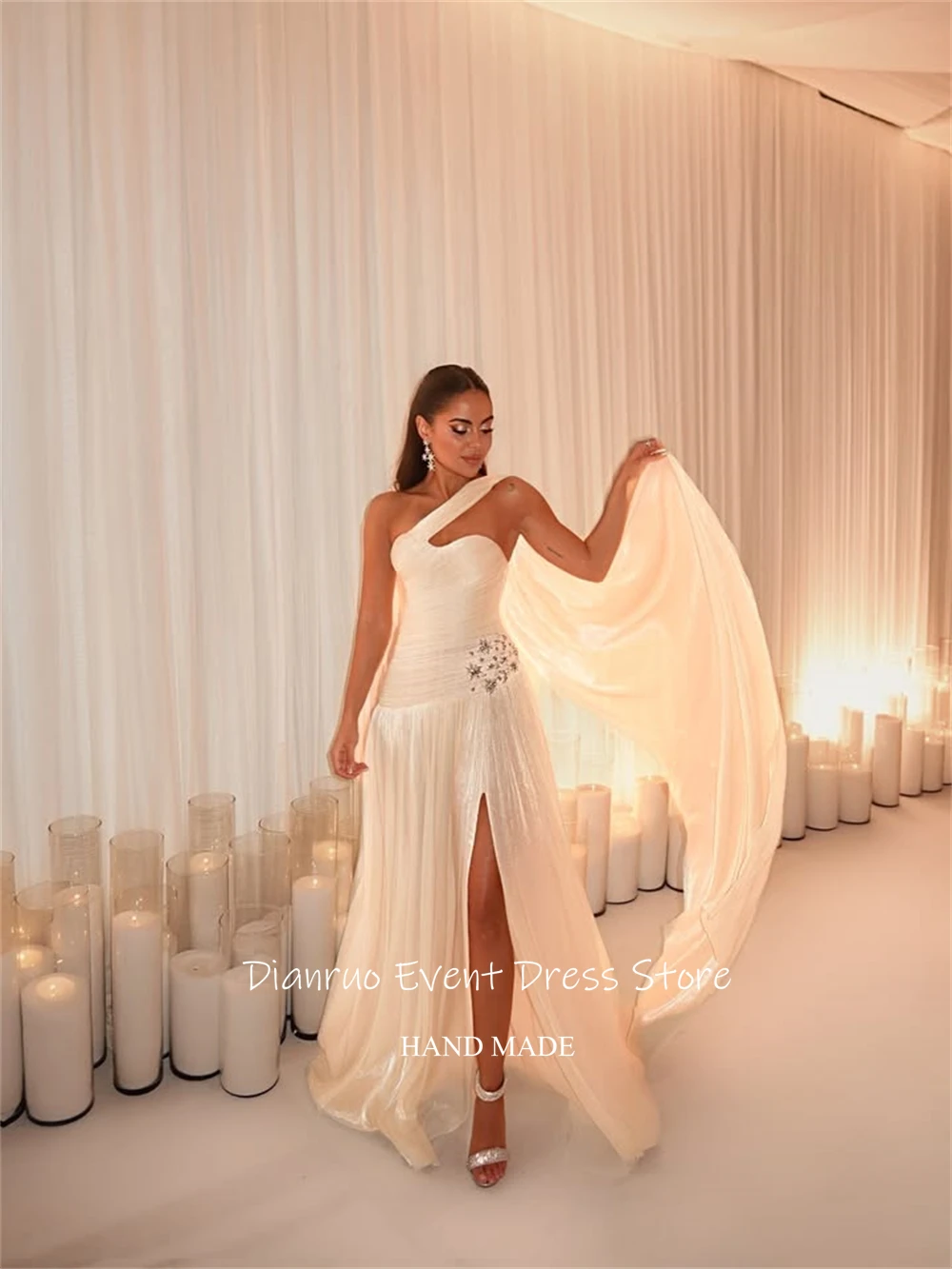 Dianruo فساتين سهرة غير متناظرة على شكل حرف A بفتحة جانبية من الشيفون فساتين حفلات صدر مكشكشة طول الأرض رداء De Soirée مخصص