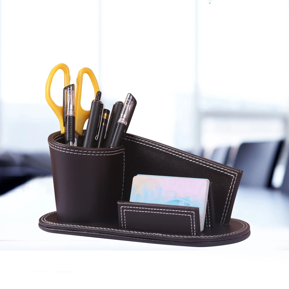 

Pu Pen Holders Container Creative Business Stand Desktop Organizer For Office Coffee Color Sturdy Tissue Box