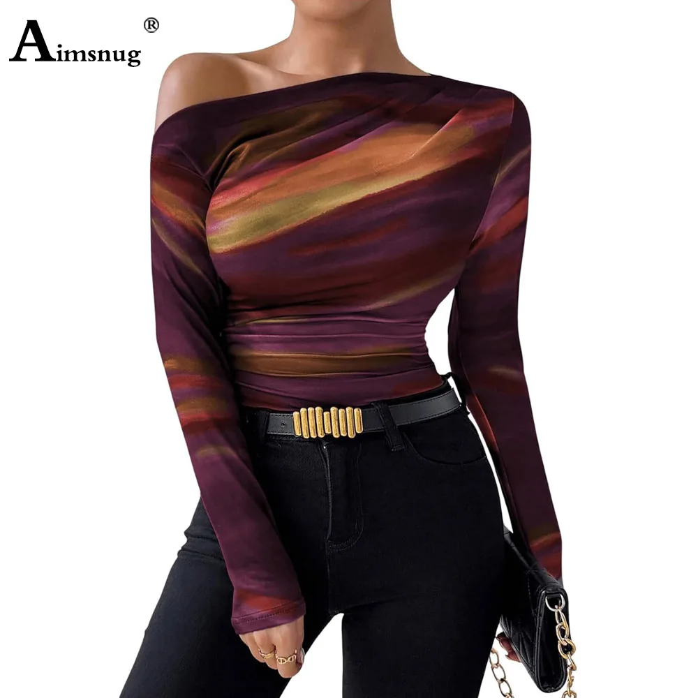 Damska elegancka, obcisła koszulka z nadrukiem 3D Damska koszulka z ukośnym dekoltem 2024 Wiosna Nowe podstawowe koszulki Damskie swetry z długim rękawem