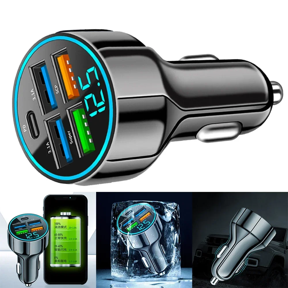 5-In-1 MultiPort Car Charger With 4 USB And PD Ports For Fast Charging Supports DC12-24V Input Parameters, Making It Suitable