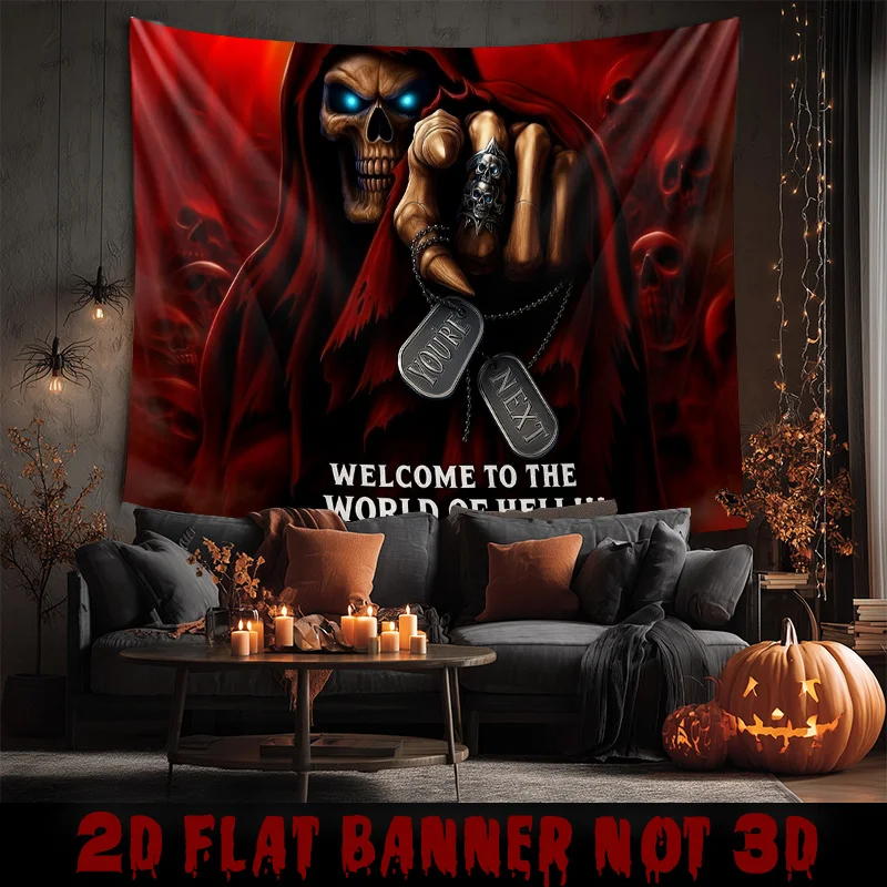 Horror Hell Skeleton with Dog Tag Tapestry - Red Black Heavy Metal Wall Hanging for Halloween, Haunted House, Gothic Room Decor