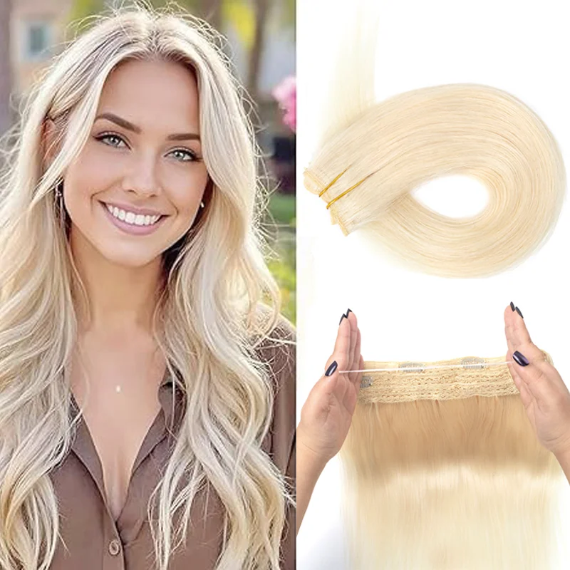 Transparent Headband 4 Clips Human Hair Invisible Wire Extensions Adjustable Secret Hairpiece 12-24Inch Smooth Texture Daily Use