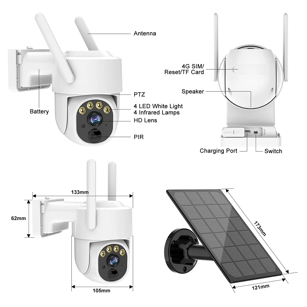 Caméra de permission 4G Ptz 3MP avec Panneaux Solaires 5W, Batterie 18000mAh, Protection de Sécurité Extérieure