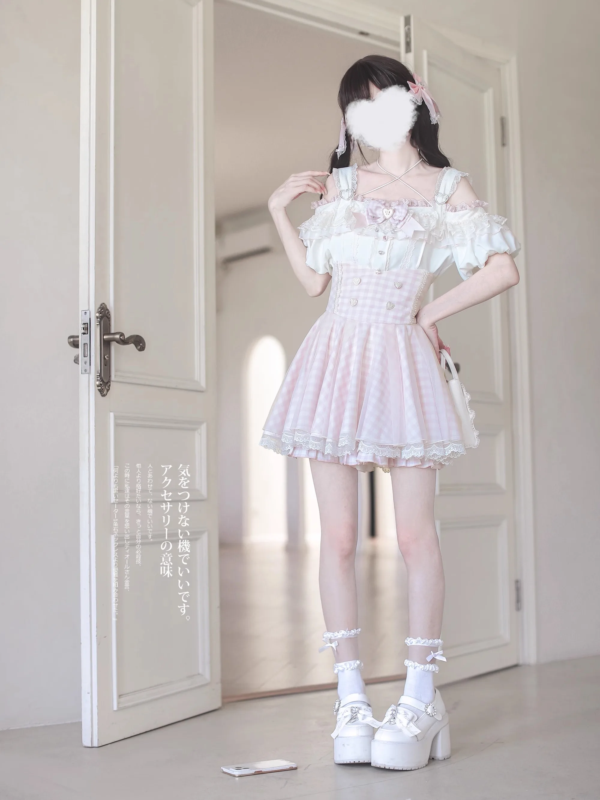 Estilo japonês mina produzido em massa renda emendada fora do ombro camisas de manga puff cintura alta a linha saia xadrez conjunto de duas peças feminino