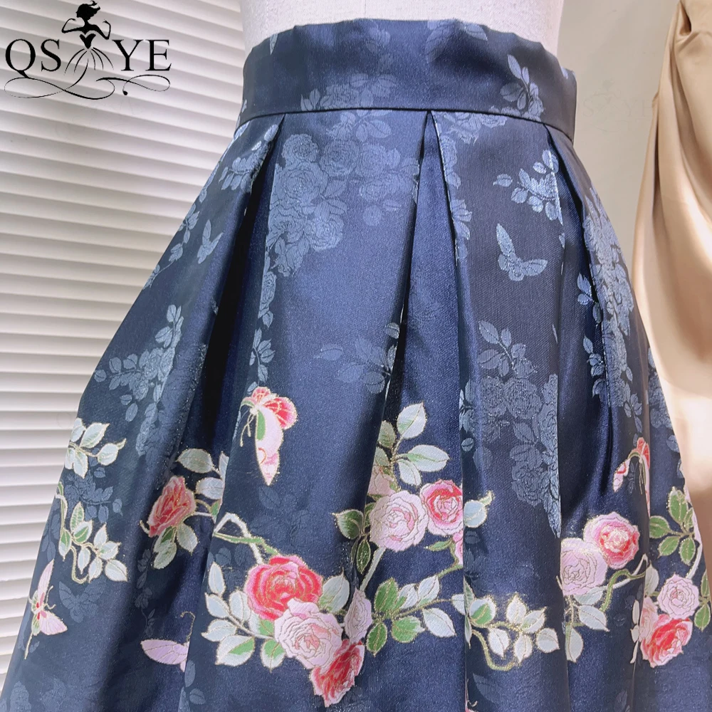 Fade Navy Organza Flowers A line Overskirt Colorful Women Overlay White Bottom Evening Skirt Long Box Pleated Maxi Party Dress