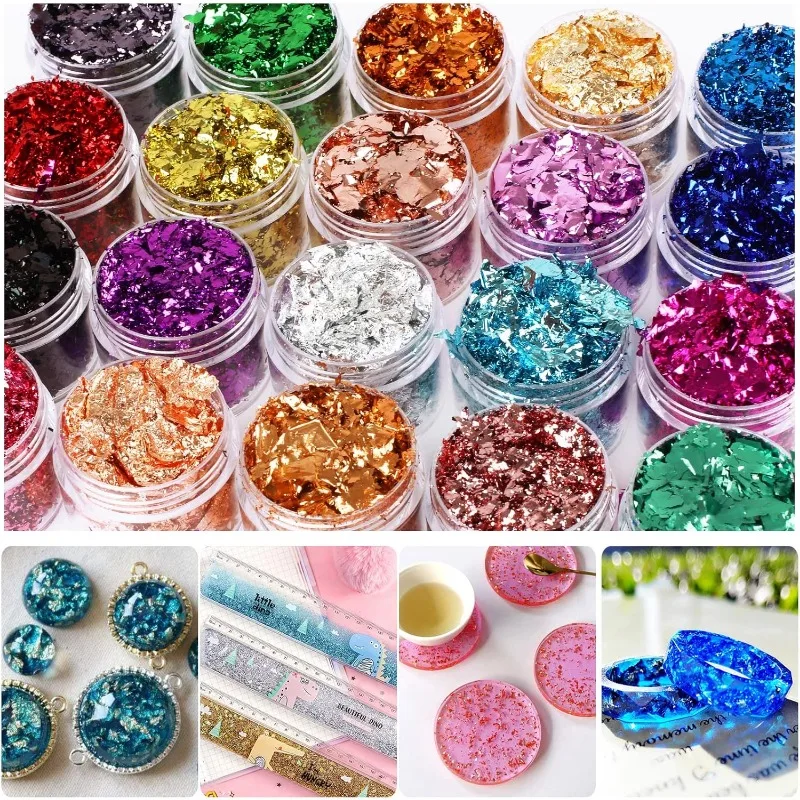 رقائق رقائق الذهب، رقائق التذهيب 20 لونًا، رقائق رقائق معدنية، رقائق رقائق الذهب المقلدة مع ملاقط للراتنج، فن الأظافر