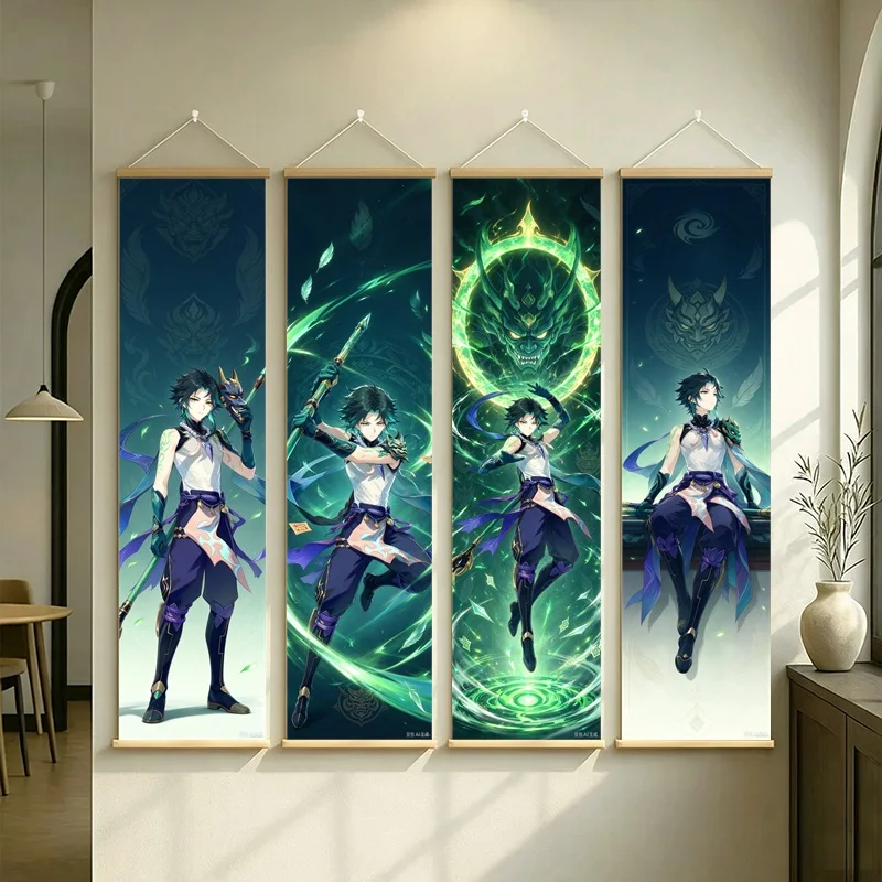 Hanging Scroll Wall Art of Genshin Impact Xiao with Glowing Emerald Energy on Silver Shimmer Canvas for an Anime Bedroom