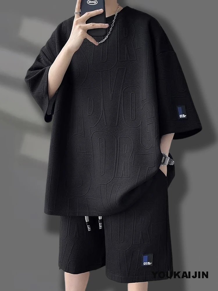 Men's Korean Summer Suit Korean Casual T-shirt + Shorts Suit Men's Tracksuit Solid Color Tracksuit Loose Suit Plus Size 5XL - Image 2