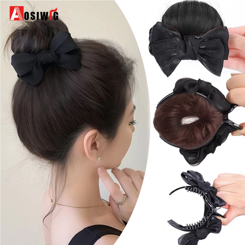 Synthetic Bow Hair Claw Clip Chignon Messy Bun Claw Clip in Hair Piece Wavy Curly Hair Bun Ponytail Extensions Hairpieces for Wo