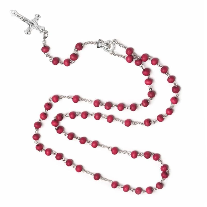 Crossed Rose Sutra Necklace Wooden Beads Red Rosary Catholic Necklaces