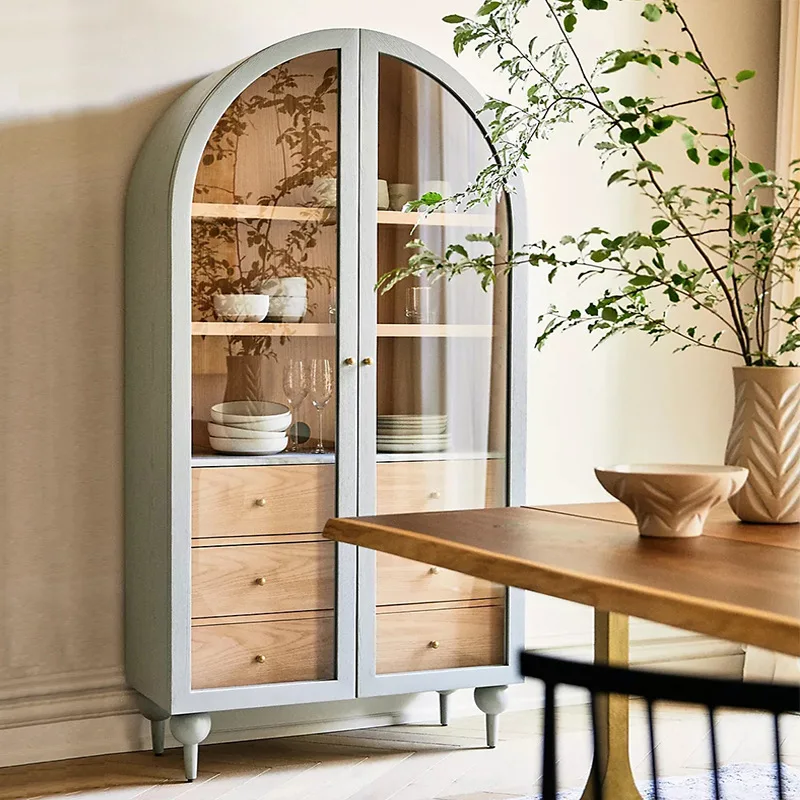 Retro black arched double door solid wood bookcase color matching glass storage cabinet dining side cabinet
