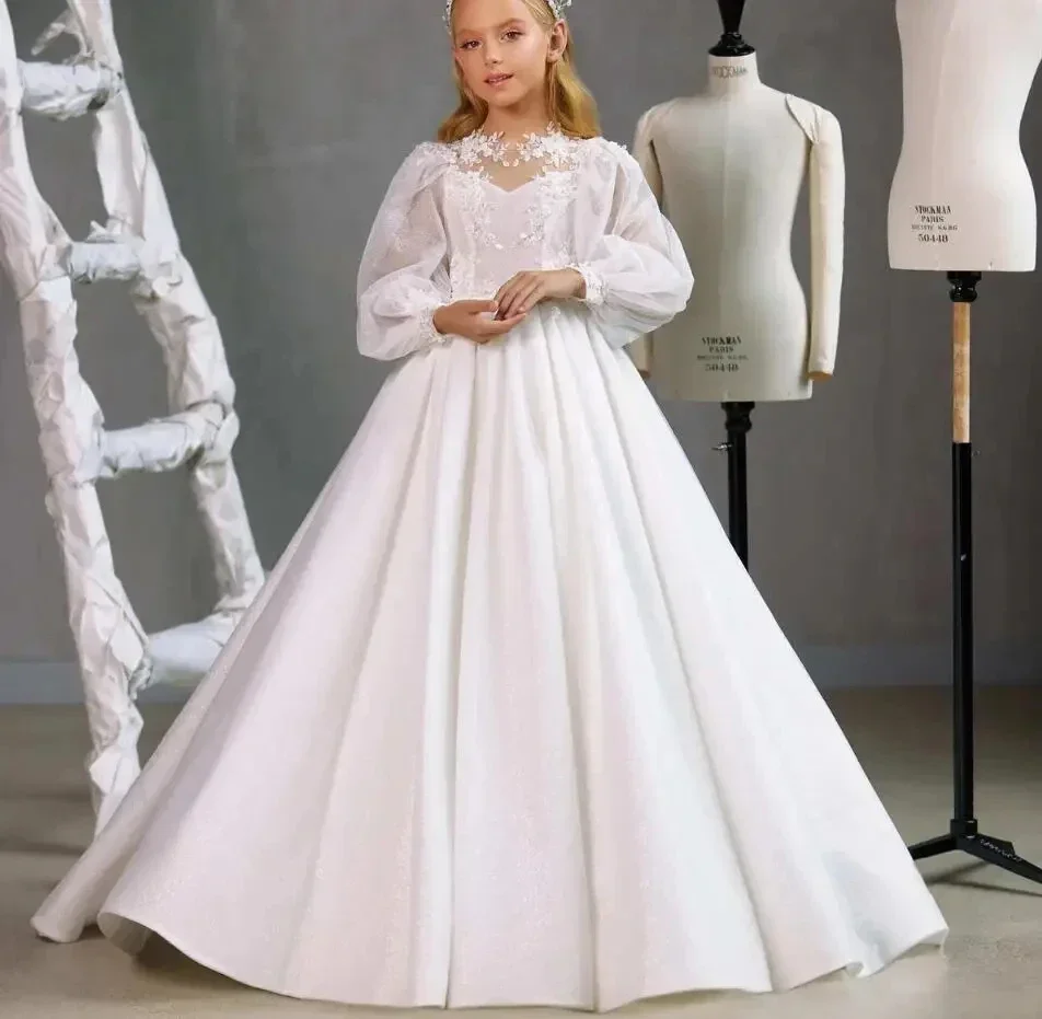 Robes de demoiselle d'honneur en satin scintillant pour filles, manches longues, robe de Rhde première communion, appliques en tulle, robe de soirée de mariage princesse