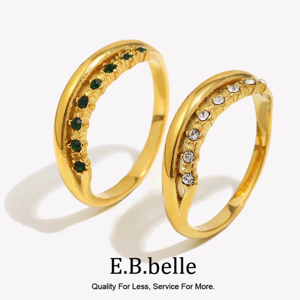 E.B.belle Stainless Steel Jewelry Trendy Micro Paved Rhinestone Multiple Layer Wedding Party Rings For Bridal Gold Plated Ring