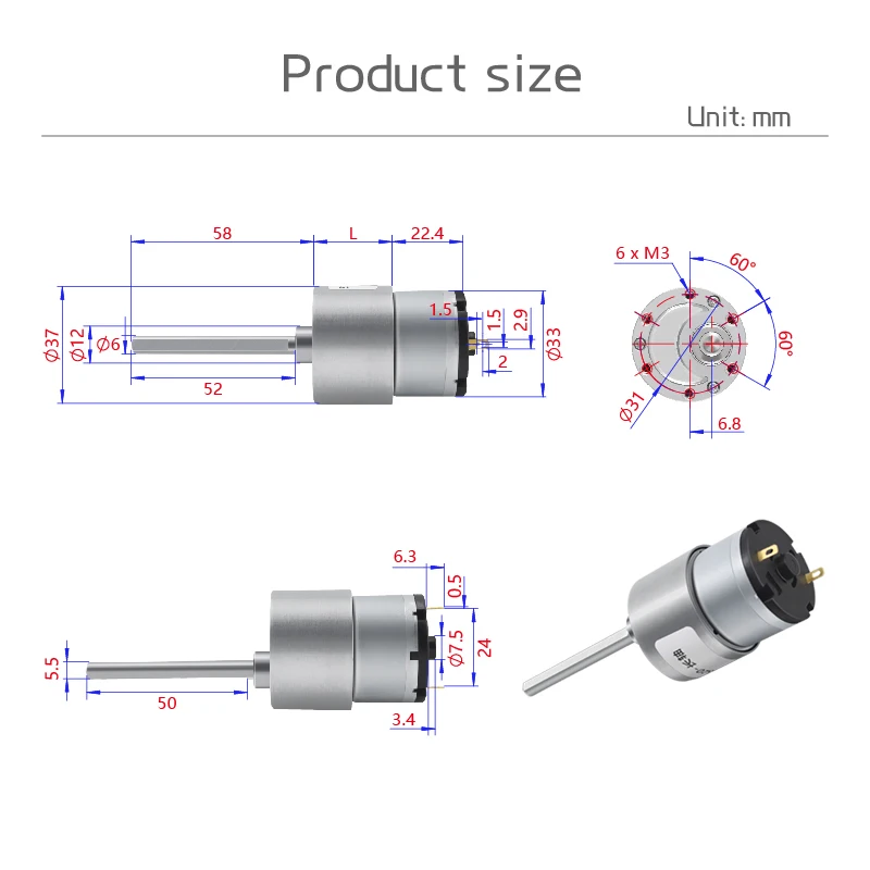 JGB37-520 Long Axis DC Reduction Motor DC 6V/12V/24V High Torque Low Speed Motor Robot Car DIY Accessories
