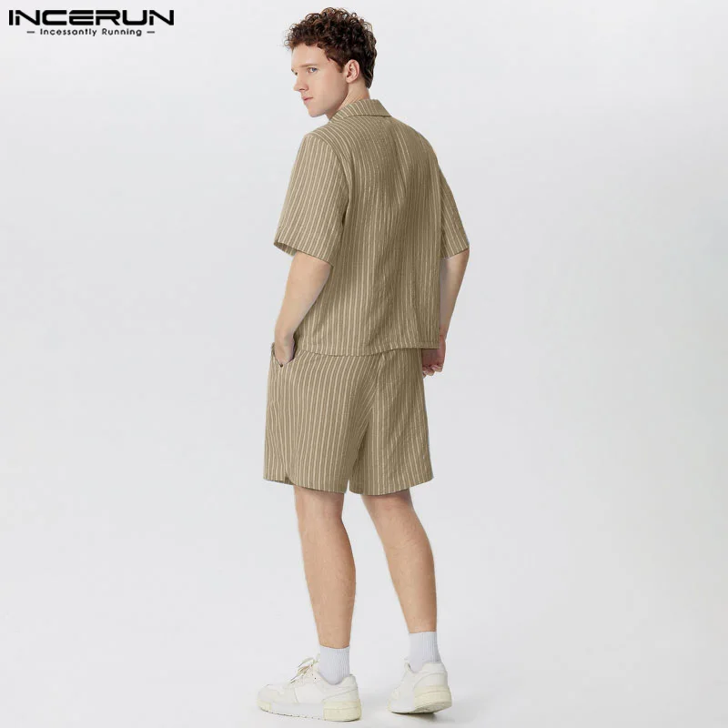 INCERUN Men Sets Solid Color Lapel Short Sleeve Blazer & Shorts Two Pieces Sets Summer Streetwear 2024 Fashion Men Casual Suits