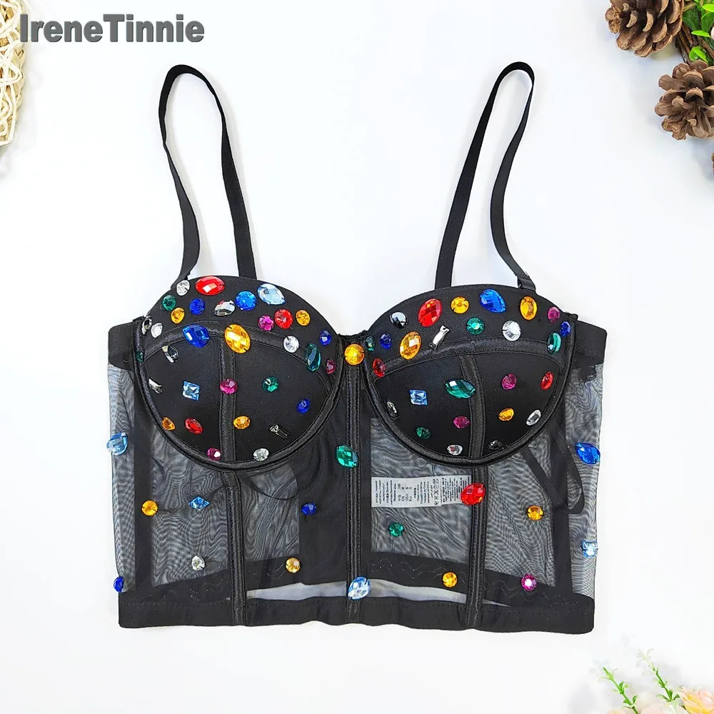 IRENE TINNIE 2023 Summer Women Colored Rhinestone Beading Bustier Crop Top See Through Strap Push Up Corset Vest Party Nightclub