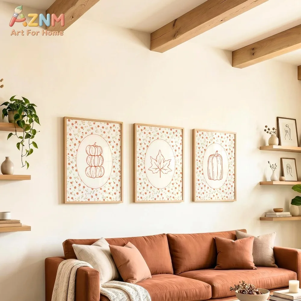 AZNM 3Pcs Cute Fall Line Art Canvas Wall Art, Pumpkin Maple Leaf Floral Background Print Frameless Canvas Painting, Boho Autu