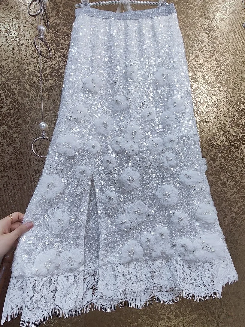 Heavy Industry Full Body Sequined Flower Lace Skirt 2024 Summer New Fashion High Waist Slim-fit Elegant Long Skirts Women