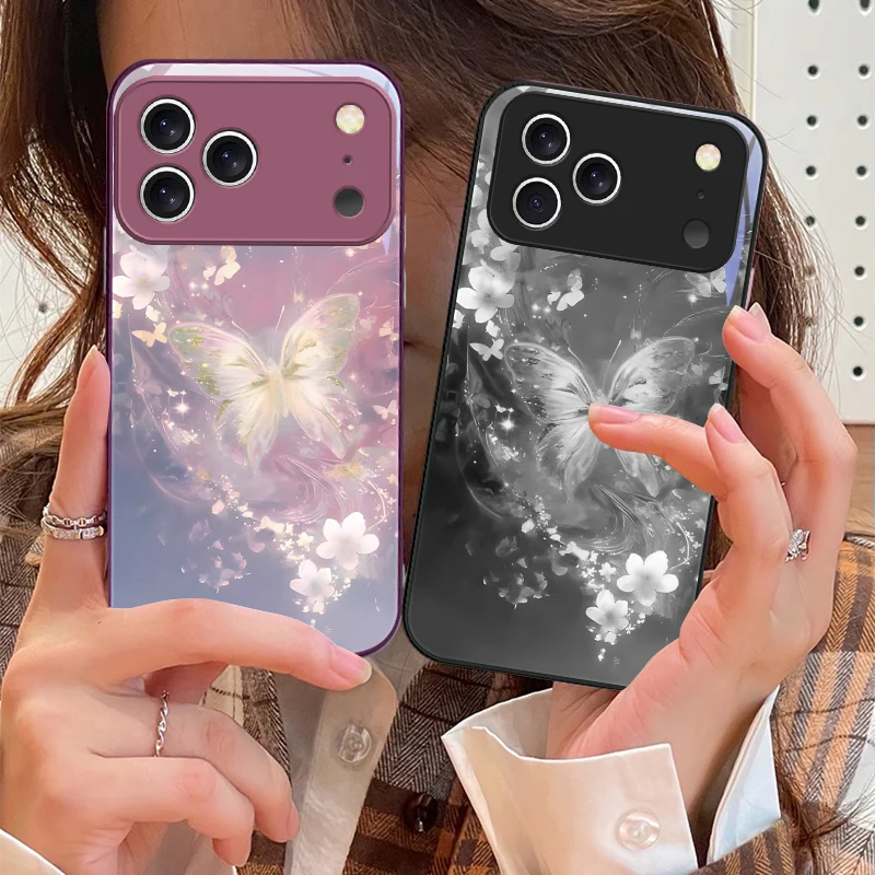 

Dreamy striped butterfly For iPhone 17 Air 16 E 15 14 13 Plus 12 mini 11 17 Pro Max XR Xs Max 16E 7 8 Tempered Glass Phone Case