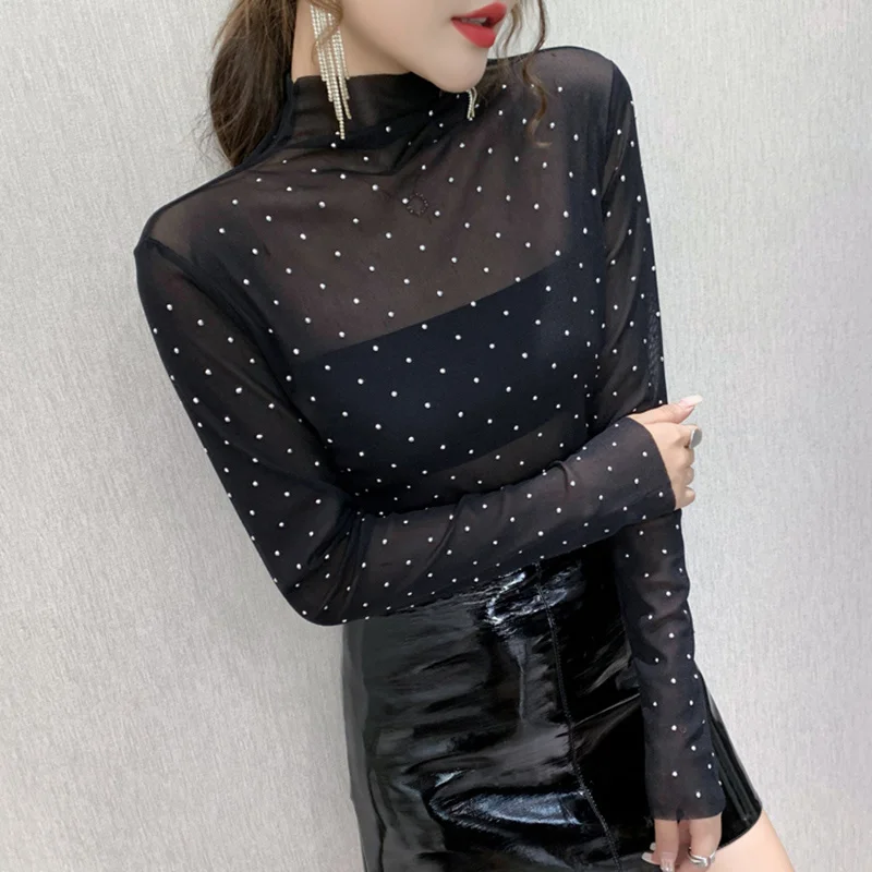 #8455 Black Mesh Tshirt Women Polka Dot Printed Long Sleeve T Shirt Femme Turtleneck Diamonds Sexy Perspective T-shirt Thin Slim