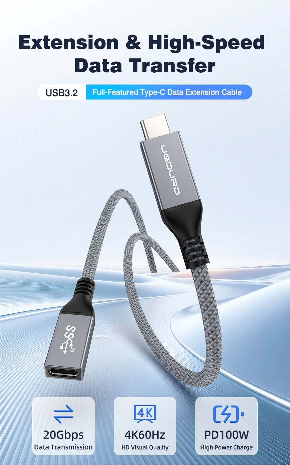 UGOURD Typ-C Verlängerungskabel 20Gbps USB3.2 Gen2 PD100W Schnellladung Vollfunktions-USB-C-Stecker auf -Buchse Geflochtenes Daten- und Videokabel – Detail 1