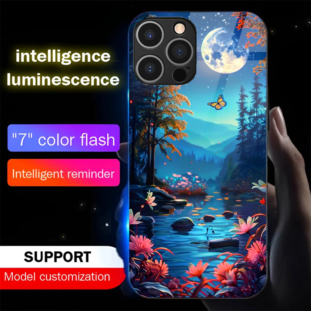 

Pretty Dreamy Forest Luminous Phone Case LED Light Glass Shockproof Cover For iPhone 16 E 15 14 13 12 11 Pro Max X XS XR Plus SE